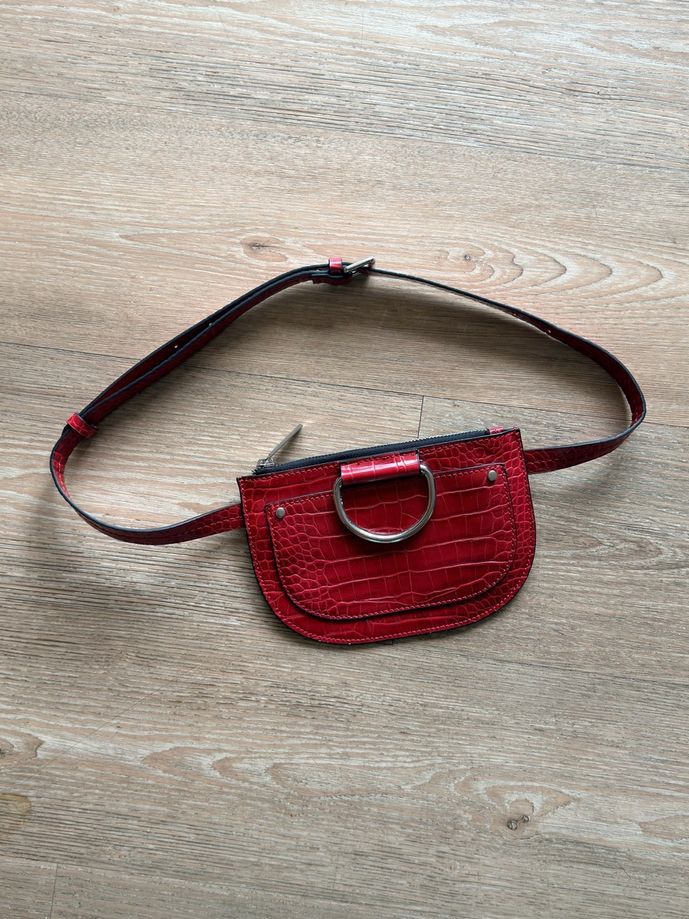 Zara Red Faux-Croc Mini Belt Bag with Silver Ring